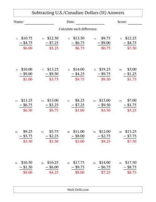 The Subtracting U.S./Canadian Dollars With Amounts from 0.25 to 9.75 in Increments of Twenty-Five Cents (H) Math Worksheet Page 2