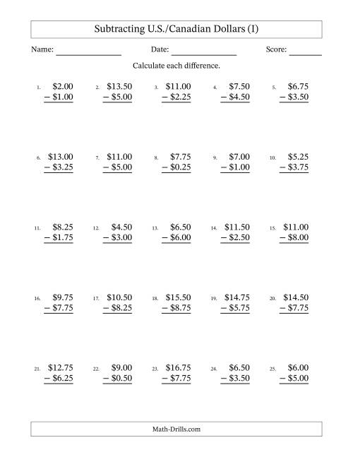 The Subtracting U.S./Canadian Dollars With Amounts from 0.25 to 9.75 in Increments of Twenty-Five Cents (I) Math Worksheet