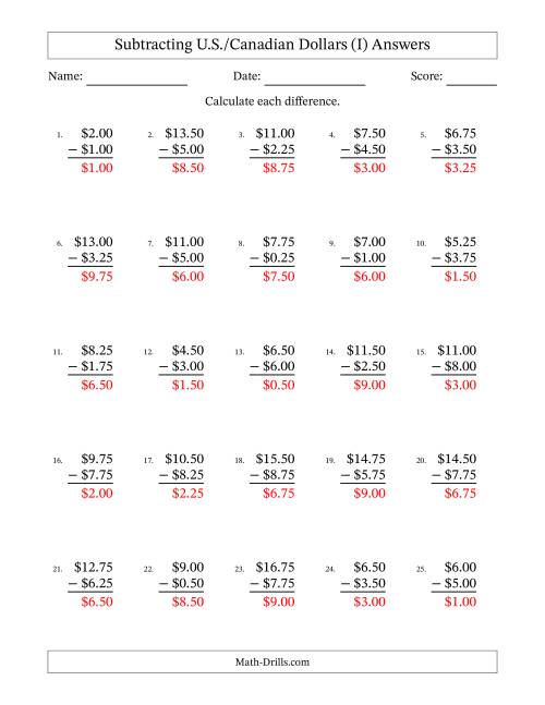 The Subtracting U.S./Canadian Dollars With Amounts from 0.25 to 9.75 in Increments of Twenty-Five Cents (I) Math Worksheet Page 2