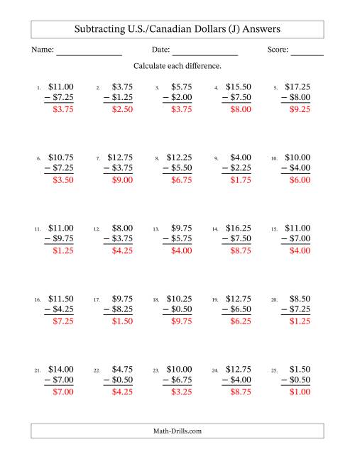 The Subtracting U.S./Canadian Dollars With Amounts from 0.25 to 9.75 in Increments of Twenty-Five Cents (J) Math Worksheet Page 2