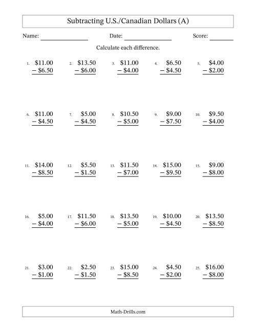 The Subtracting U.S./Canadian Dollars With Amounts from 0.50 to 9.50 in Increments of Fifty Cents (A) Math Worksheet