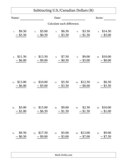 The Subtracting U.S./Canadian Dollars With Amounts from 0.50 to 9.50 in Increments of Fifty Cents (B) Math Worksheet