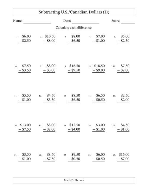 The Subtracting U.S./Canadian Dollars With Amounts from 0.50 to 9.50 in Increments of Fifty Cents (D) Math Worksheet