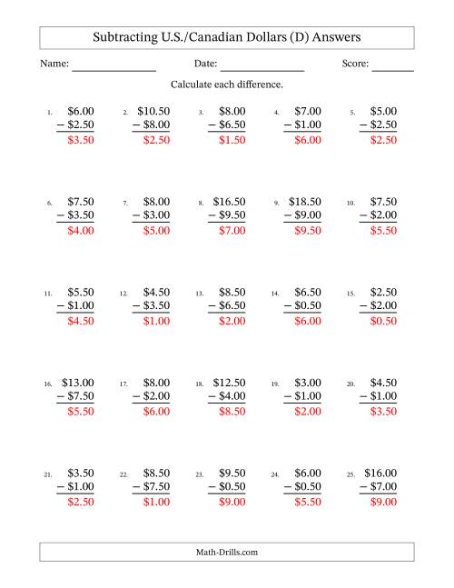 The Subtracting U.S./Canadian Dollars With Amounts from 0.50 to 9.50 in Increments of Fifty Cents (D) Math Worksheet Page 2