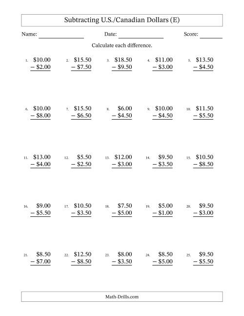 The Subtracting U.S./Canadian Dollars With Amounts from 0.50 to 9.50 in Increments of Fifty Cents (E) Math Worksheet