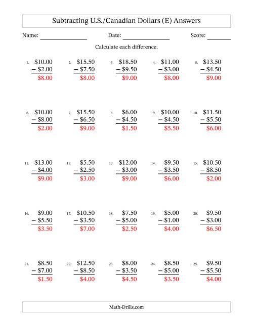 The Subtracting U.S./Canadian Dollars With Amounts from 0.50 to 9.50 in Increments of Fifty Cents (E) Math Worksheet Page 2