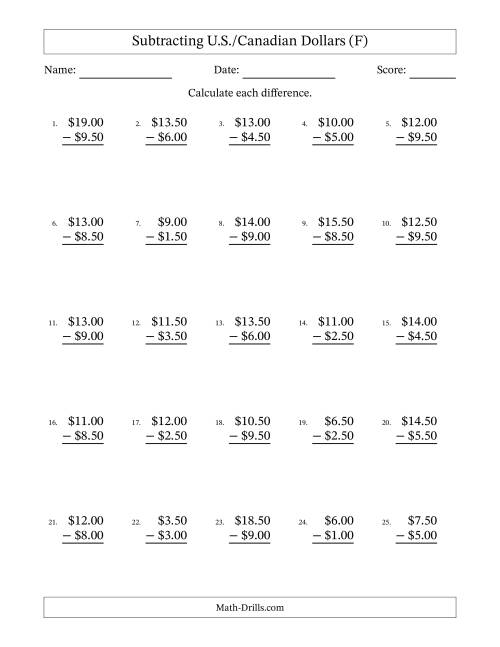 The Subtracting U.S./Canadian Dollars With Amounts from 0.50 to 9.50 in Increments of Fifty Cents (F) Math Worksheet