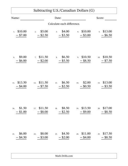 The Subtracting U.S./Canadian Dollars With Amounts from 0.50 to 9.50 in Increments of Fifty Cents (G) Math Worksheet