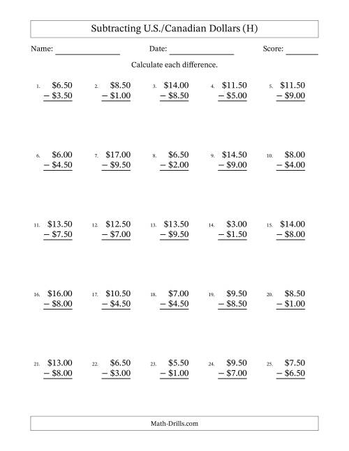 The Subtracting U.S./Canadian Dollars With Amounts from 0.50 to 9.50 in Increments of Fifty Cents (H) Math Worksheet