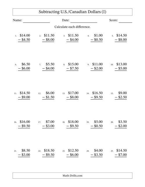 The Subtracting U.S./Canadian Dollars With Amounts from 0.50 to 9.50 in Increments of Fifty Cents (I) Math Worksheet