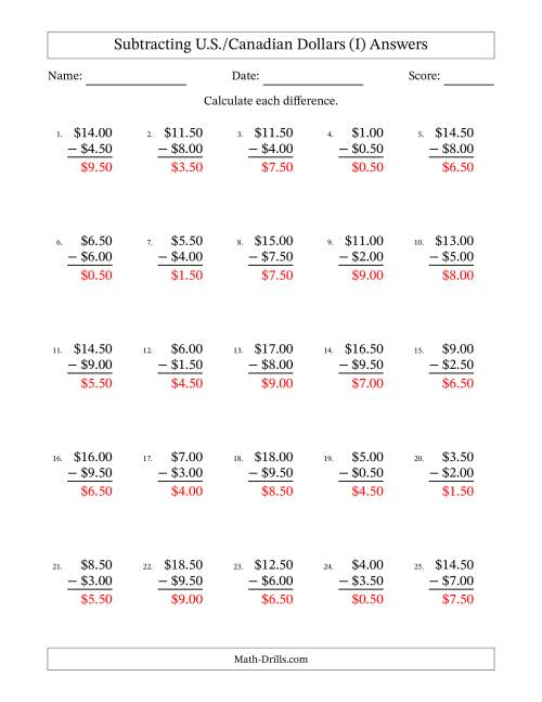 The Subtracting U.S./Canadian Dollars With Amounts from 0.50 to 9.50 in Increments of Fifty Cents (I) Math Worksheet Page 2