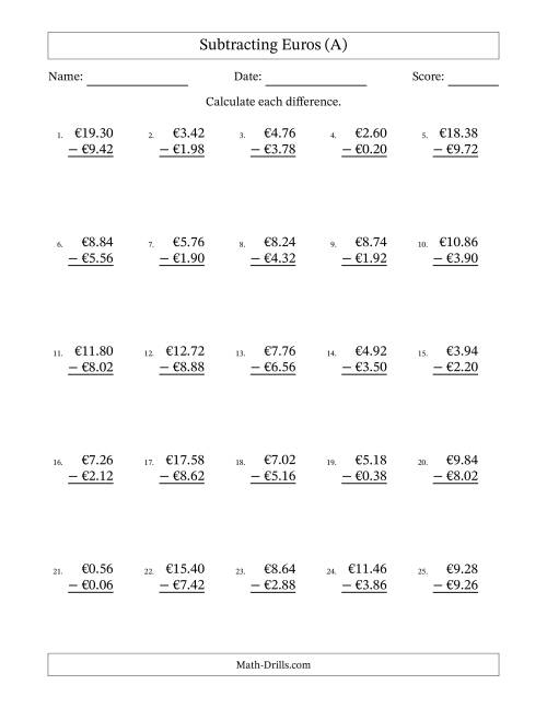 The Subtracting Euros With Amounts from 0.02 to 9.98 in Increments of Two Euro Cents (A) Math Worksheet