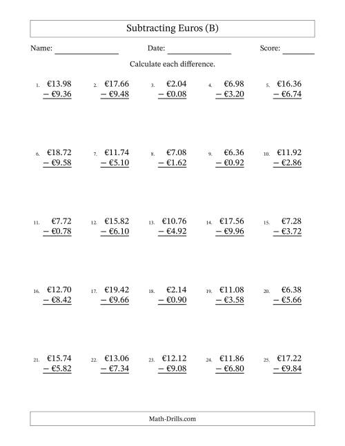 The Subtracting Euros With Amounts from 0.02 to 9.98 in Increments of Two Euro Cents (B) Math Worksheet