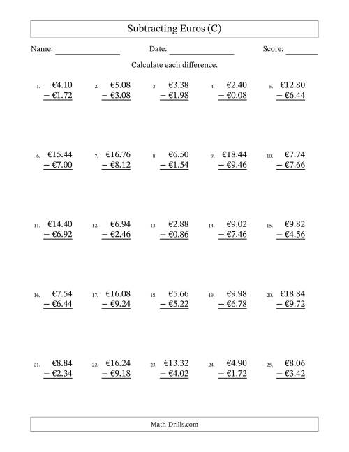 The Subtracting Euros With Amounts from 0.02 to 9.98 in Increments of Two Euro Cents (C) Math Worksheet