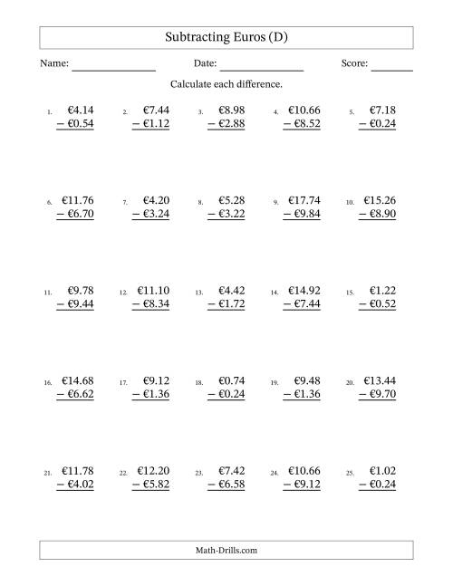 The Subtracting Euros With Amounts from 0.02 to 9.98 in Increments of Two Euro Cents (D) Math Worksheet