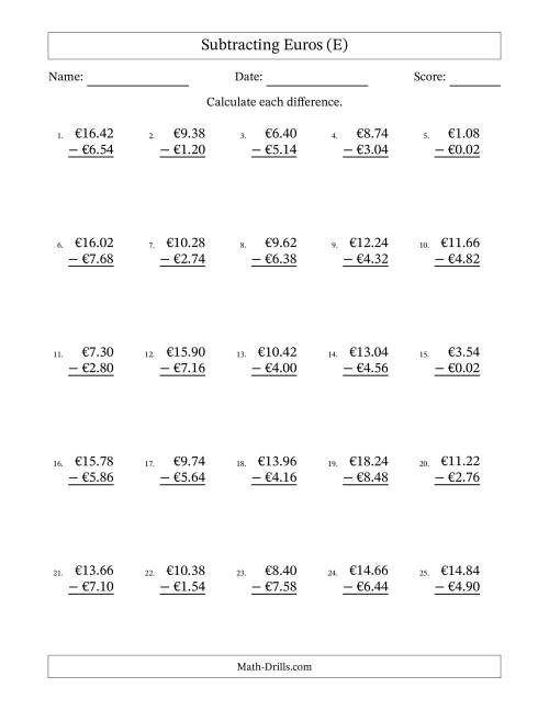 The Subtracting Euros With Amounts from 0.02 to 9.98 in Increments of Two Euro Cents (E) Math Worksheet