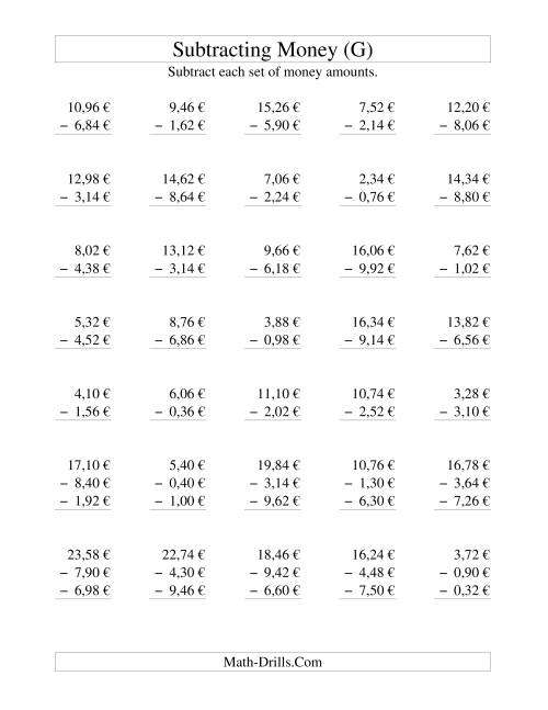 The Subtracting Euro Money to €10 -- Increments of 2 Euro Cents (G) Math Worksheet