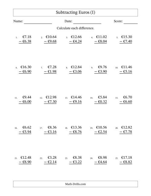 The Subtracting Euros With Amounts from 0.02 to 9.98 in Increments of Two Euro Cents (I) Math Worksheet