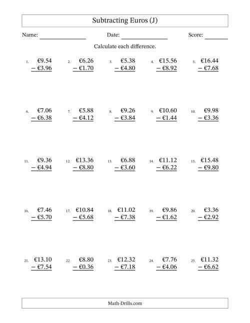 The Subtracting Euros With Amounts from 0.02 to 9.98 in Increments of Two Euro Cents (J) Math Worksheet