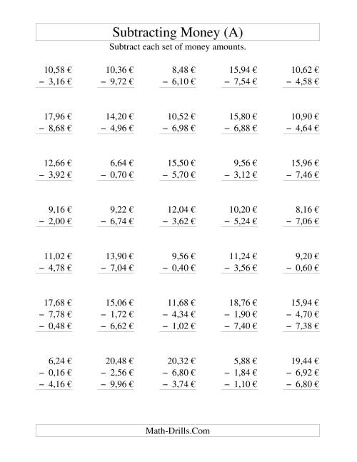 The Subtracting Euro Money to €10 -- Increments of 2 Euro Cents (All) Math Worksheet