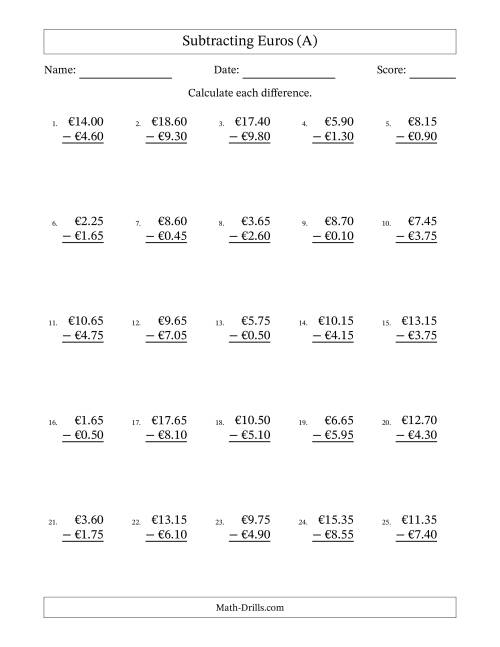 The Subtracting Euros With Amounts from 0.05 to 9.95 in Increments of Five Euro Cents (A) Math Worksheet