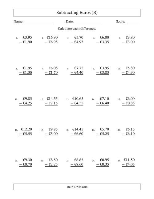 The Subtracting Euros With Amounts from 0.05 to 9.95 in Increments of Five Euro Cents (B) Math Worksheet