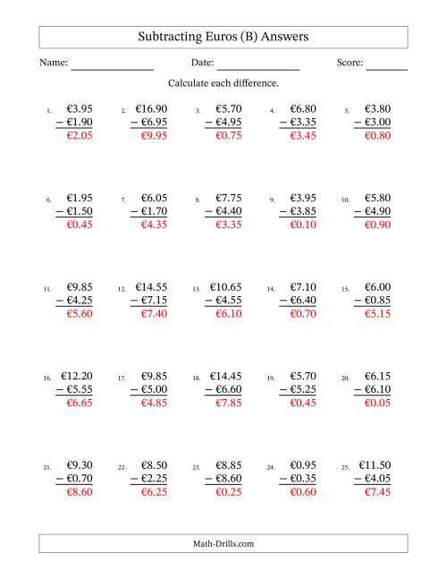 The Subtracting Euros With Amounts from 0.05 to 9.95 in Increments of Five Euro Cents (B) Math Worksheet Page 2