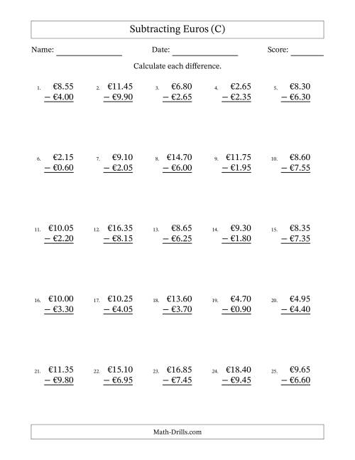 The Subtracting Euros With Amounts from 0.05 to 9.95 in Increments of Five Euro Cents (C) Math Worksheet