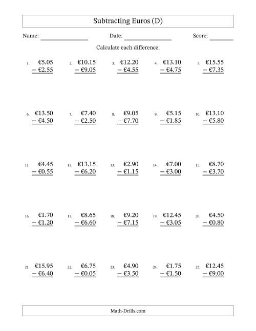 The Subtracting Euros With Amounts from 0.05 to 9.95 in Increments of Five Euro Cents (D) Math Worksheet