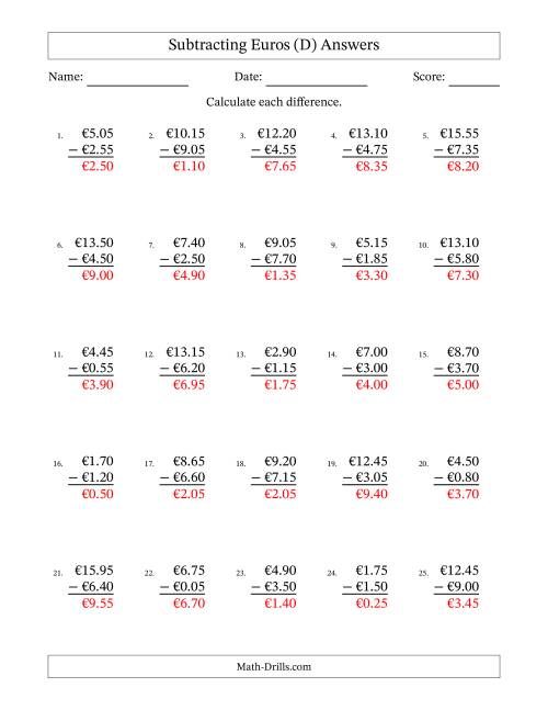 The Subtracting Euros With Amounts from 0.05 to 9.95 in Increments of Five Euro Cents (D) Math Worksheet Page 2