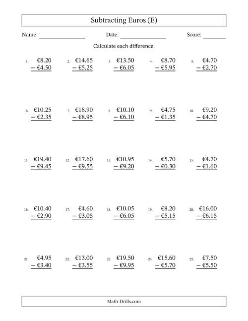 The Subtracting Euros With Amounts from 0.05 to 9.95 in Increments of Five Euro Cents (E) Math Worksheet