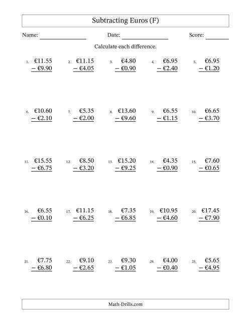 The Subtracting Euros With Amounts from 0.05 to 9.95 in Increments of Five Euro Cents (F) Math Worksheet