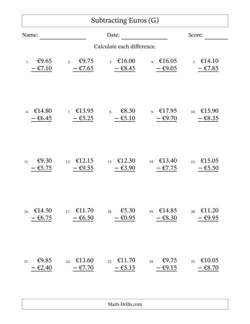 The Subtracting Euros With Amounts from 0.05 to 9.95 in Increments of Five Euro Cents (G) Math Worksheet