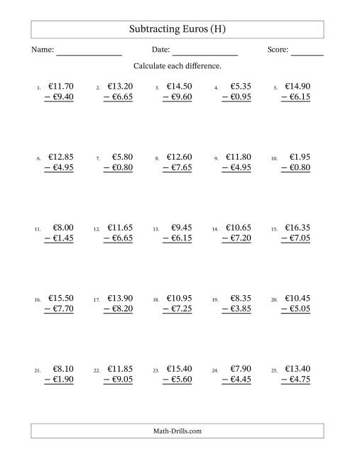 The Subtracting Euros With Amounts from 0.05 to 9.95 in Increments of Five Euro Cents (H) Math Worksheet