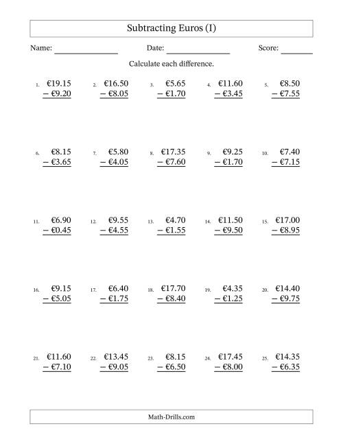 The Subtracting Euros With Amounts from 0.05 to 9.95 in Increments of Five Euro Cents (I) Math Worksheet