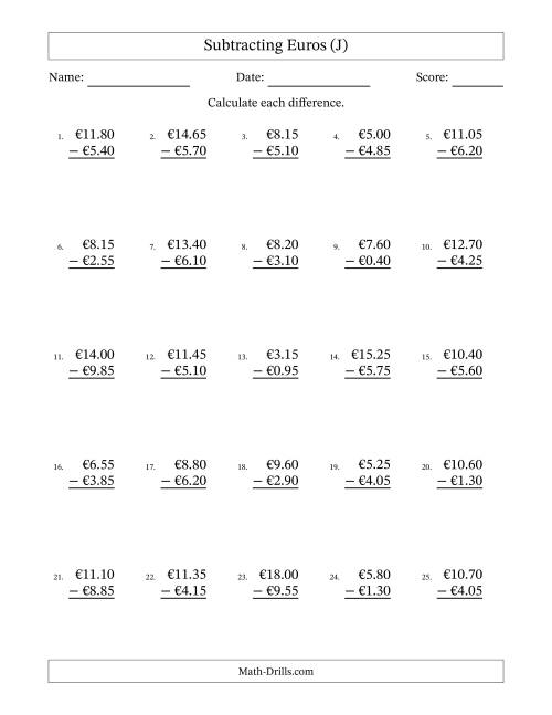 The Subtracting Euros With Amounts from 0.05 to 9.95 in Increments of Five Euro Cents (J) Math Worksheet