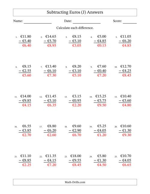 The Subtracting Euros With Amounts from 0.05 to 9.95 in Increments of Five Euro Cents (J) Math Worksheet Page 2