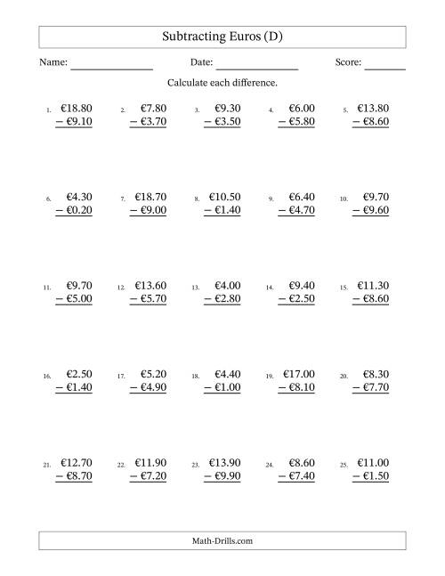 The Subtracting Euros With Amounts from 0.10 to 9.90 in Increments of Ten Euro Cents (D) Math Worksheet