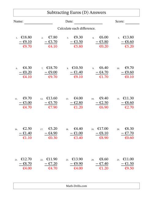 The Subtracting Euros With Amounts from 0.10 to 9.90 in Increments of Ten Euro Cents (D) Math Worksheet Page 2