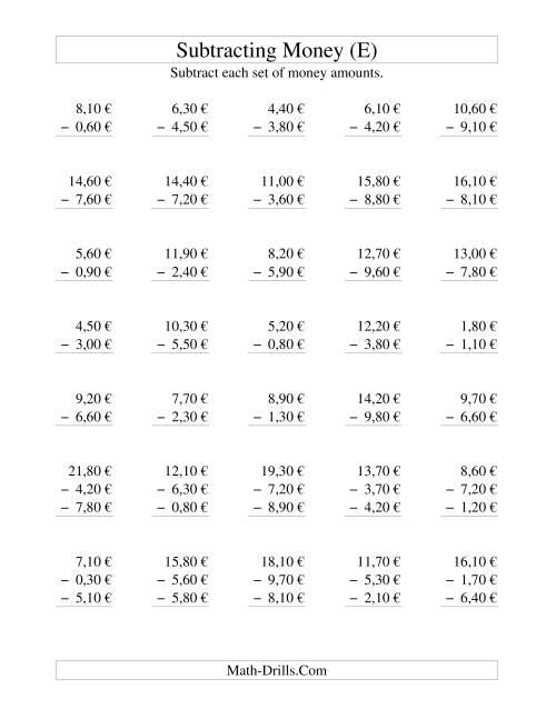 The Subtracting Euro Money to €10 -- Increments of 10 Euro Cents (E) Math Worksheet
