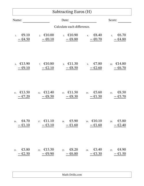 The Subtracting Euros With Amounts from 0.10 to 9.90 in Increments of Ten Euro Cents (H) Math Worksheet