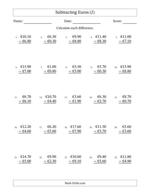 The Subtracting Euros With Amounts from 0.10 to 9.90 in Increments of Ten Euro Cents (J) Math Worksheet