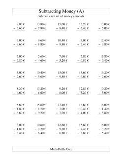 Subtracting Euro Money to €10 -- Increments of 20 Euro Cents