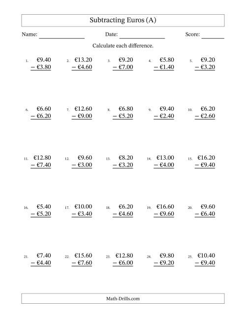 The Subtracting Euros With Amounts from 0.20 to 9.80 in Increments of Twenty Euro Cents (A) Math Worksheet