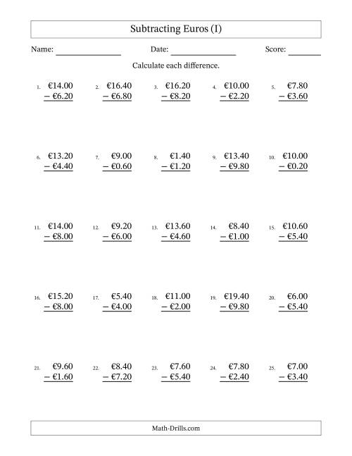 The Subtracting Euros With Amounts from 0.20 to 9.80 in Increments of Twenty Euro Cents (I) Math Worksheet