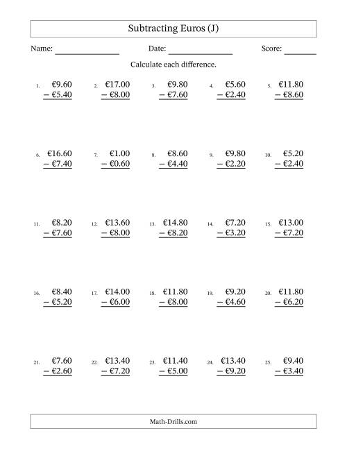 The Subtracting Euros With Amounts from 0.20 to 9.80 in Increments of Twenty Euro Cents (J) Math Worksheet