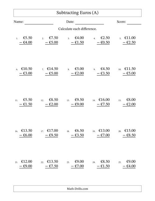 The Subtracting Euros With Amounts from 0.50 to 9.50 in Increments of Fifty Euro Cents (A) Math Worksheet