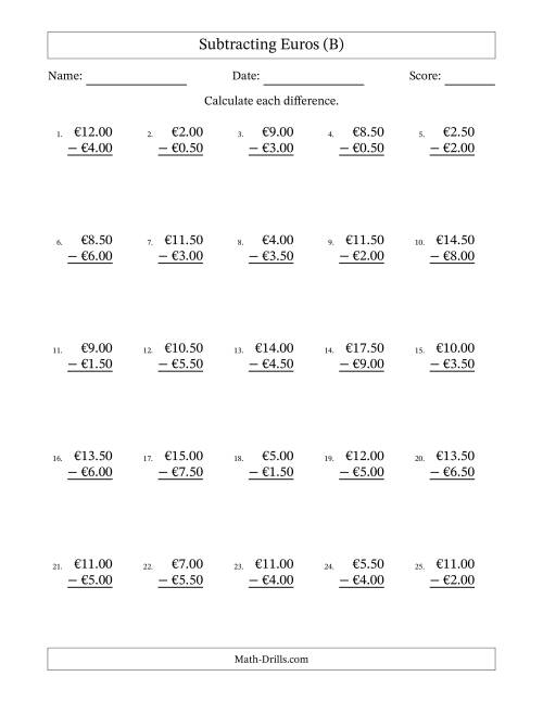 The Subtracting Euros With Amounts from 0.50 to 9.50 in Increments of Fifty Euro Cents (B) Math Worksheet