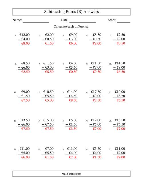 The Subtracting Euros With Amounts from 0.50 to 9.50 in Increments of Fifty Euro Cents (B) Math Worksheet Page 2