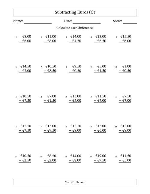 The Subtracting Euros With Amounts from 0.50 to 9.50 in Increments of Fifty Euro Cents (C) Math Worksheet